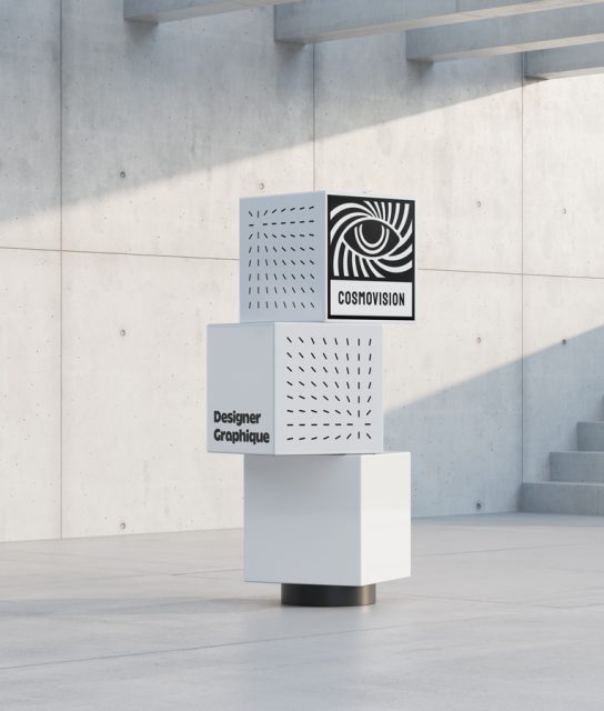 Logo créé par Cosmovision, graphiste freelance à Muzillac, il s'agit d'un visuel de type signalétique avec le logo cosmovision et l'identité graphique du studio : cosmovision cohérent avec la charte graphique